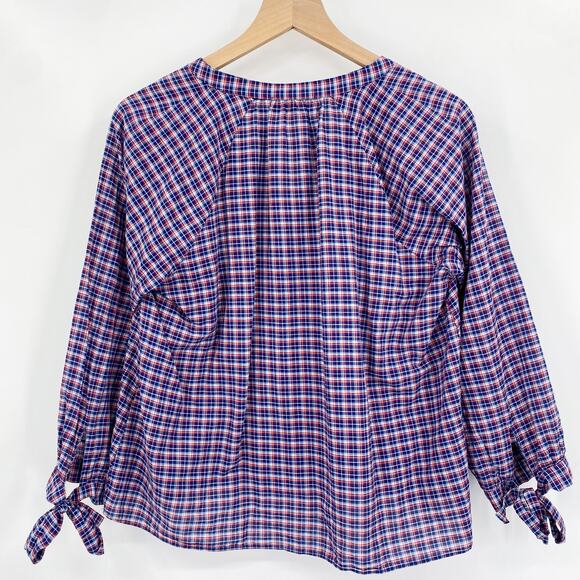 Madewell Tie-Sleeve Popover Top in Whitby Plaid Cotton Linen Blend Size Medium - Picture 4 of 8